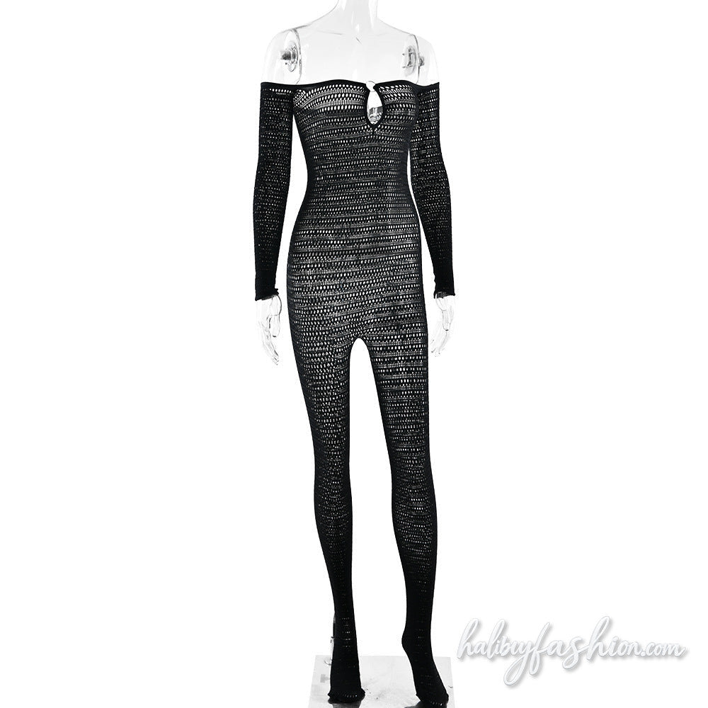 Off shoulder long sleeve hollow out o ring jumpsuit