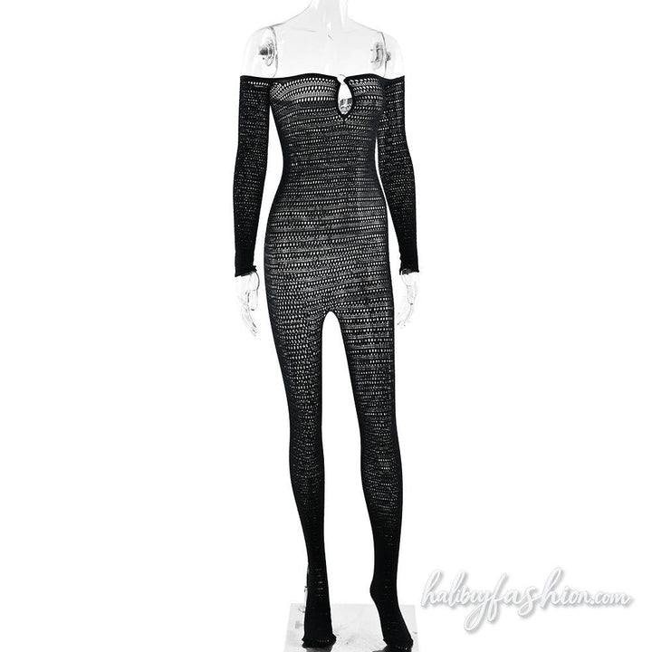 Off shoulder long sleeve hollow out o ring jumpsuit