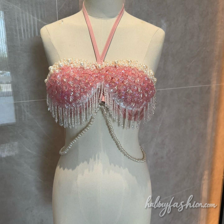 Beaded tassels halter contrast top
