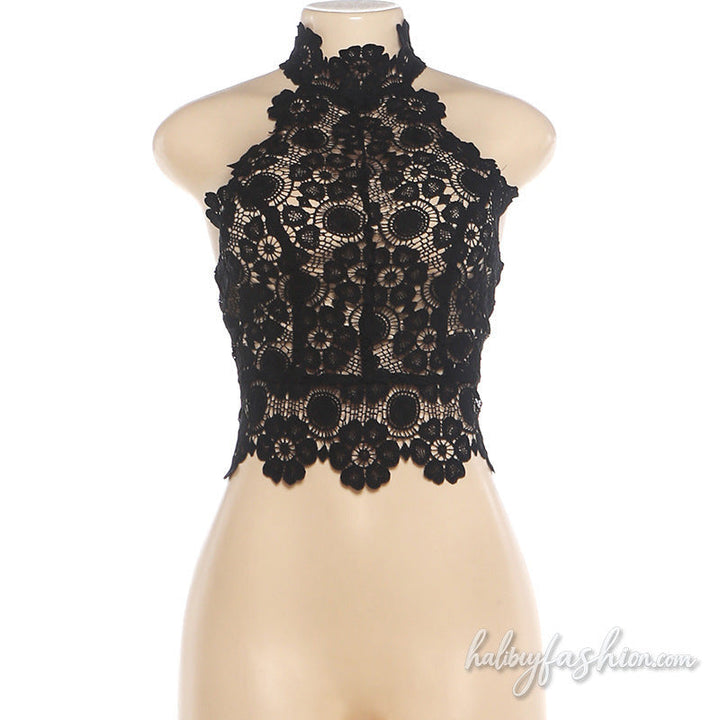 Hollow out halter zip-up backless lace top - Halibuy - 2
