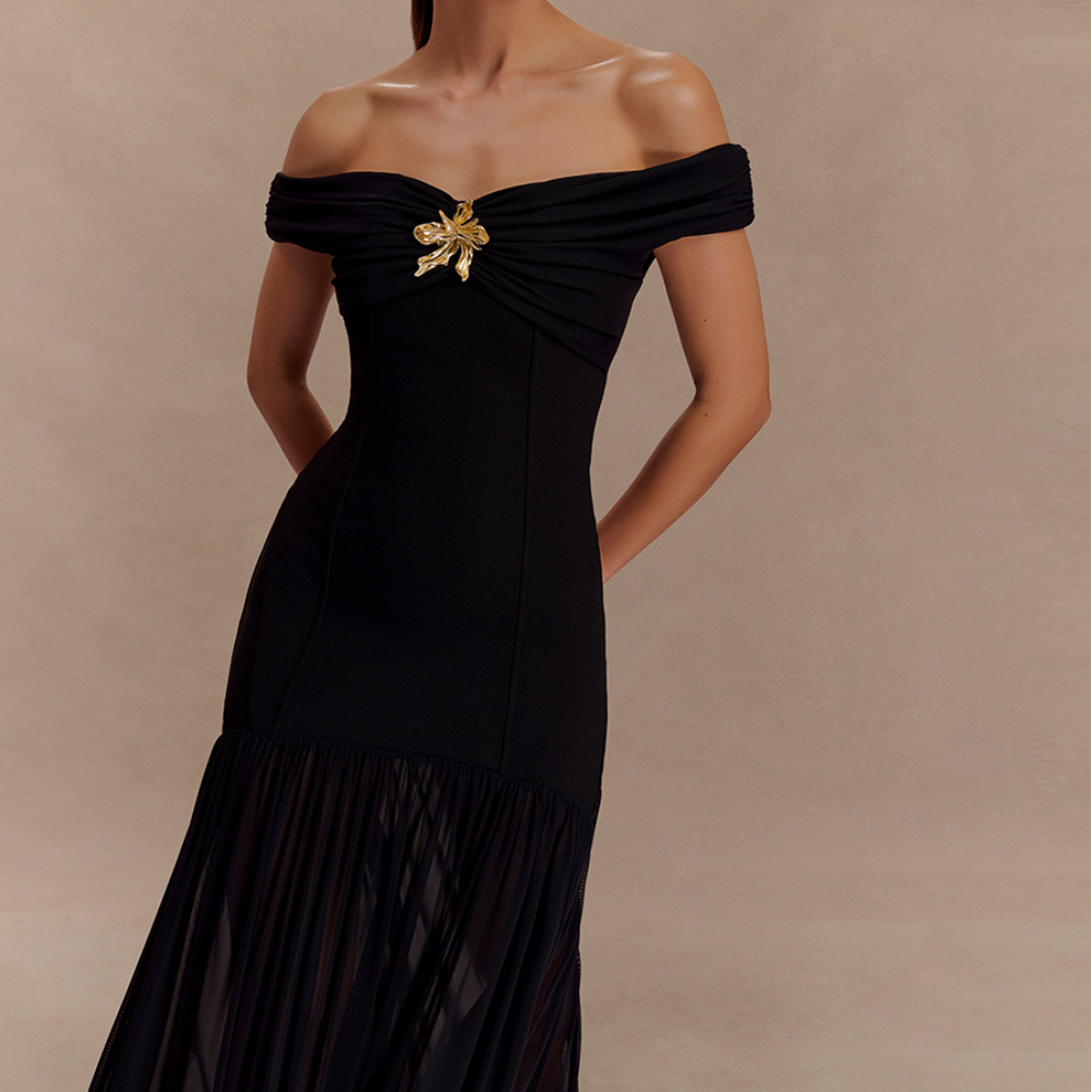 Off shoulder mesh metal applique maxi dress  | Festival Outfits Women