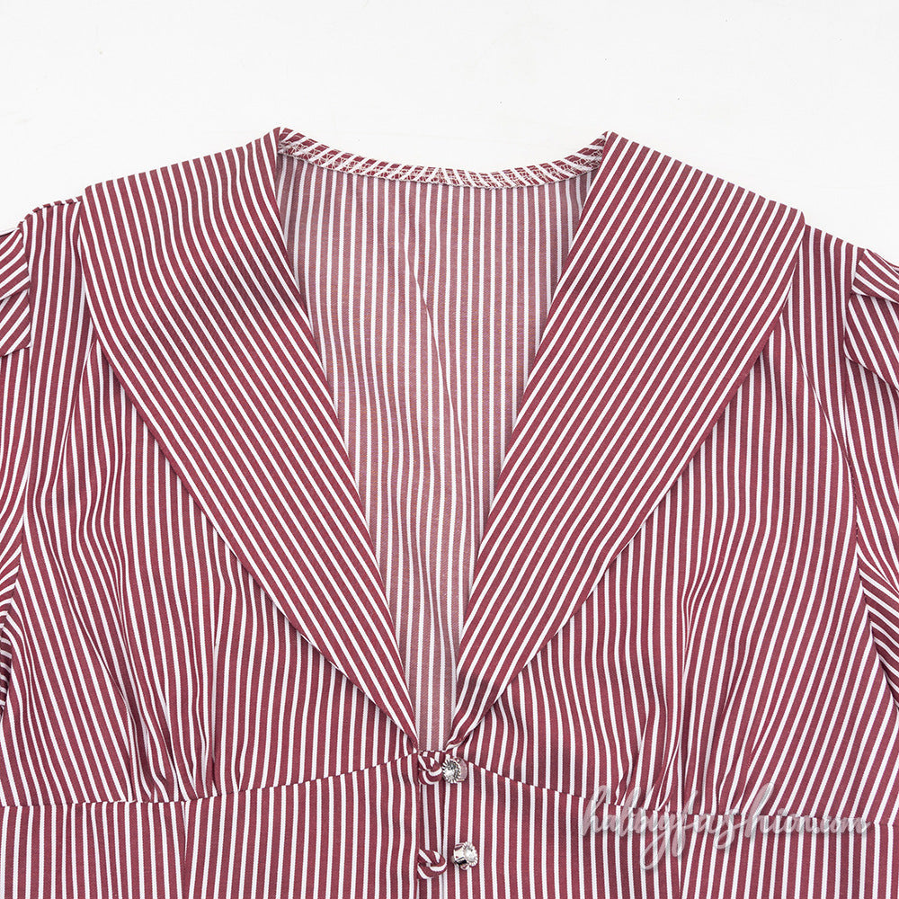 Striped short sleeve lace hem v neck button mini skirt set - Halibuy - 8
