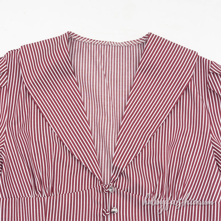 Striped short sleeve lace hem v neck button mini skirt set - Halibuy - 8