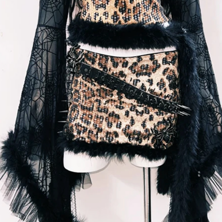 Leopard print glitter long sleeve spider applique mini skirt set  | Festival Outfits Women  | Leopard Print Mini Dress