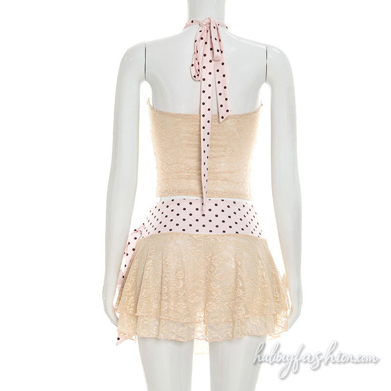 Halter self tie lace ruched polka dot mini skirt set - Halibuy - 4