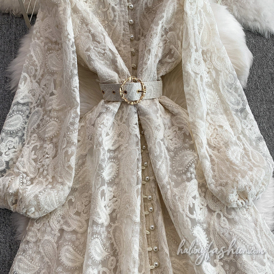 Long sleeve button lace maxi dress