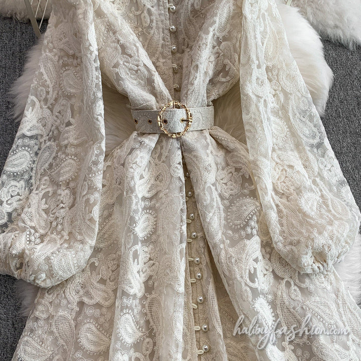 Long sleeve button lace maxi dress