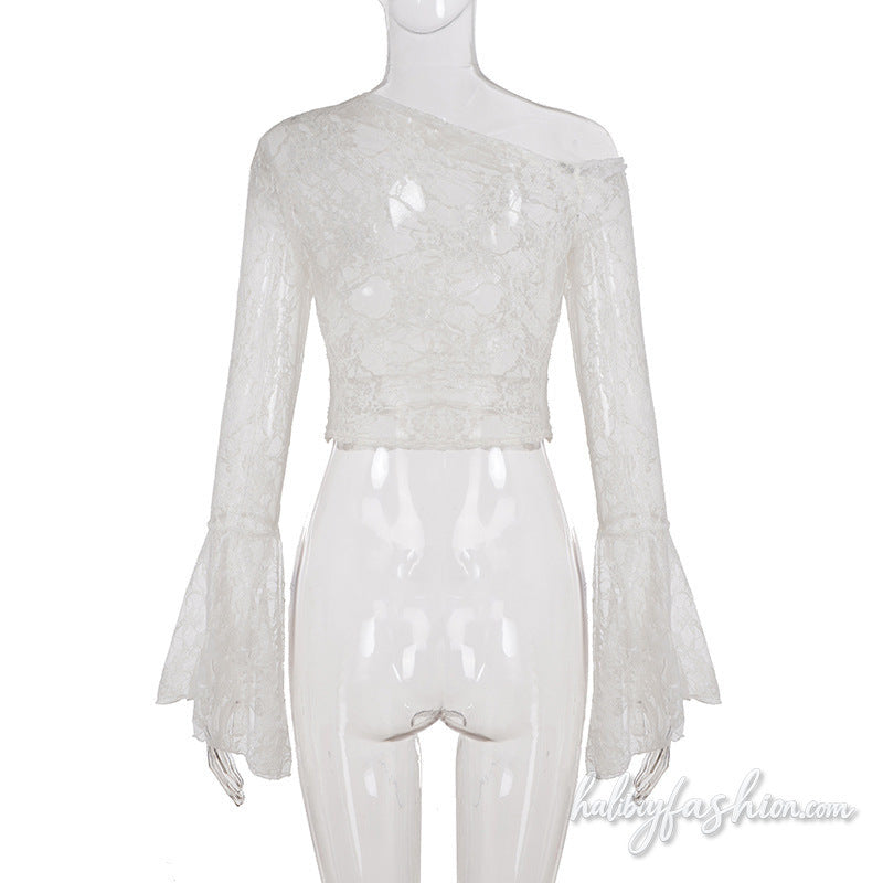 Long flared sleeve lace see through irregular top
