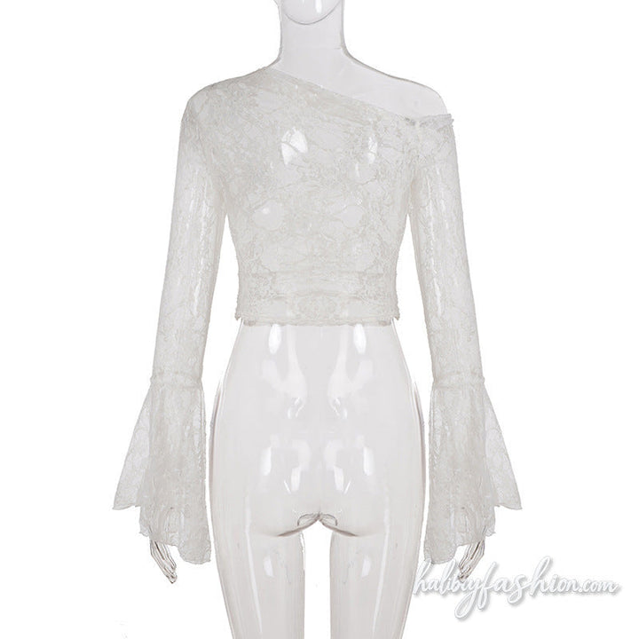 Long flared sleeve lace see through irregular top
