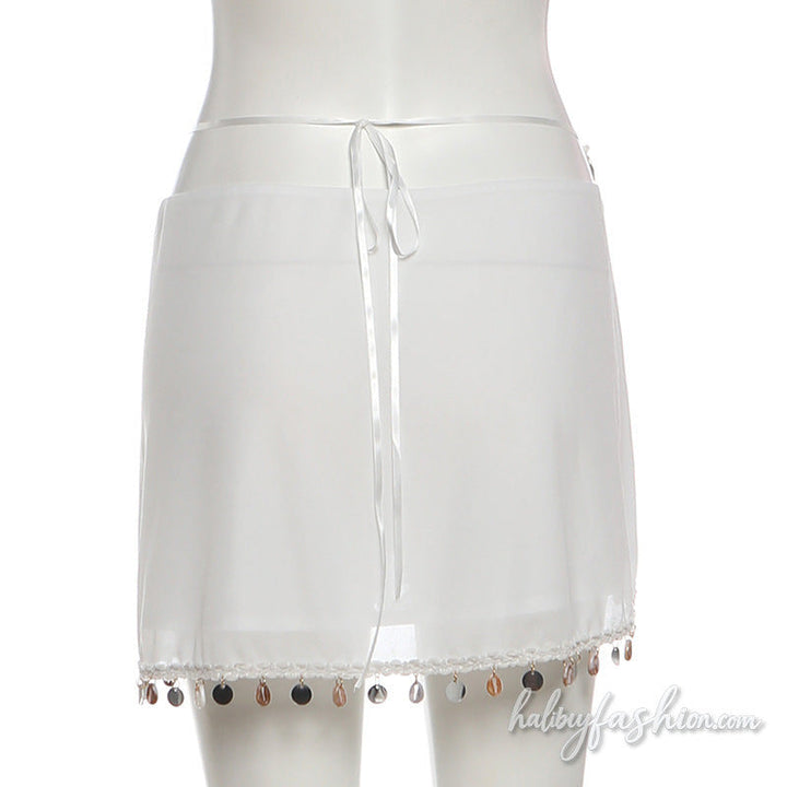 Irregular shell applique chiffon self tie mini skirt