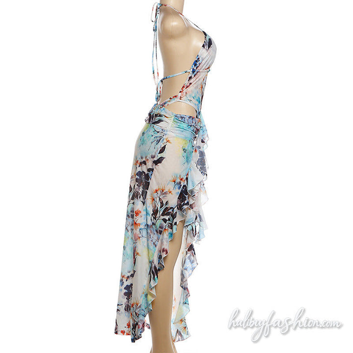 Halter self tie hollow out ruffle slit irregular midi skirt set