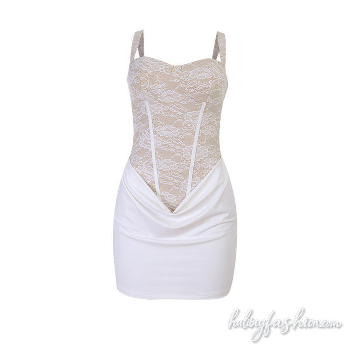 Lace patchwork backless o ring cami mini dress