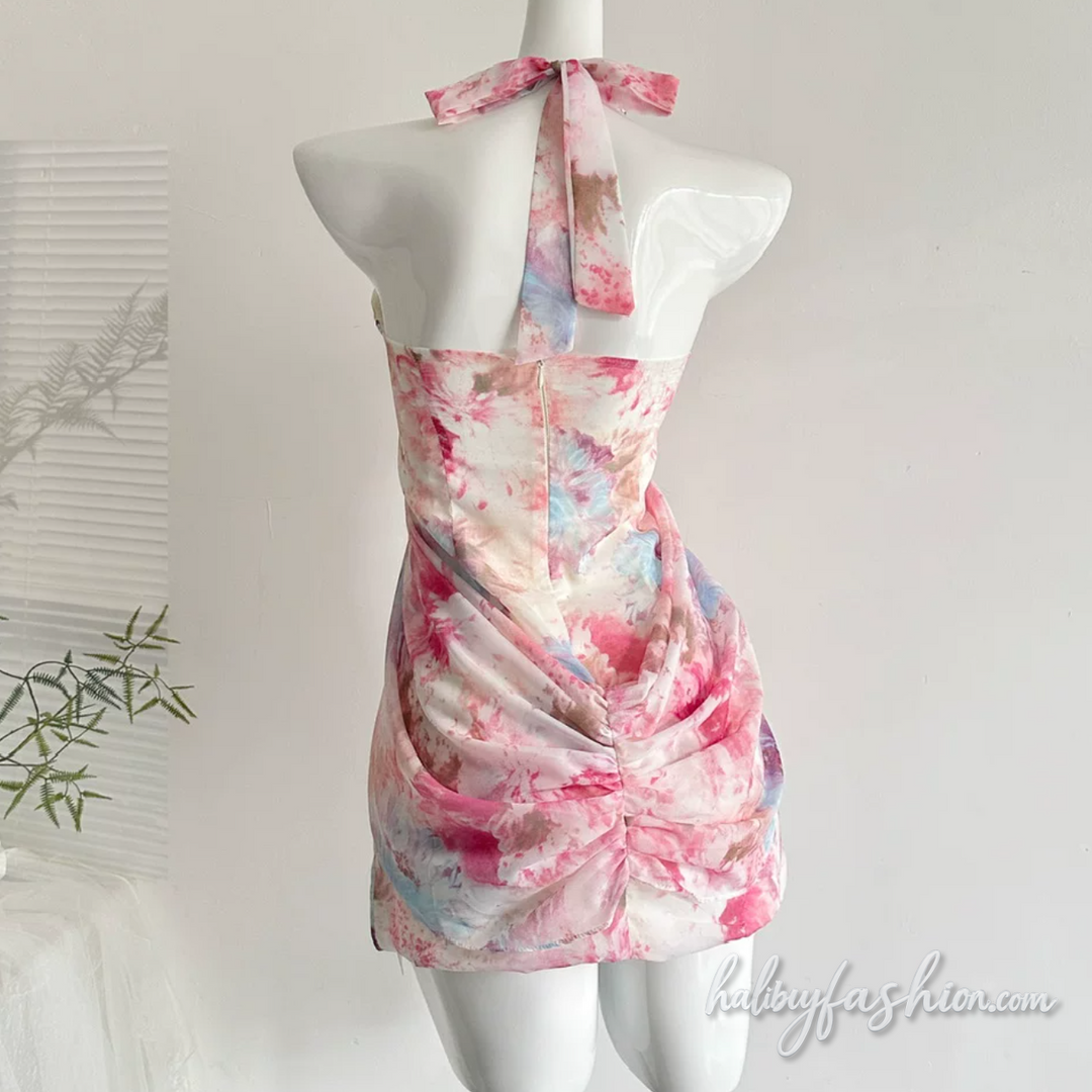 Halter self tie ruched print zip-up backless mini dress - Halibuy - 2