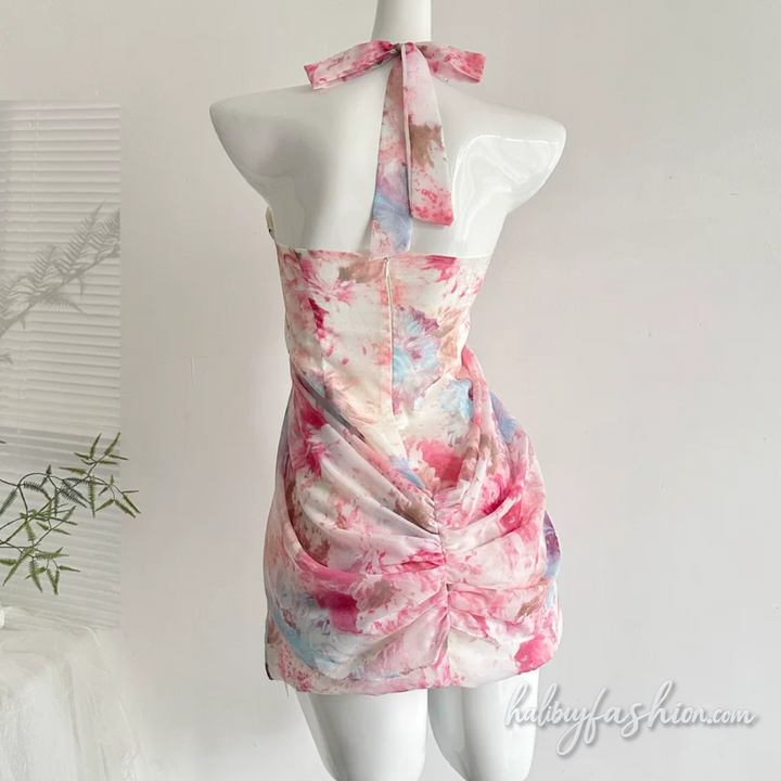 Halter self tie ruched print zip-up backless mini dress - Halibuy - 2