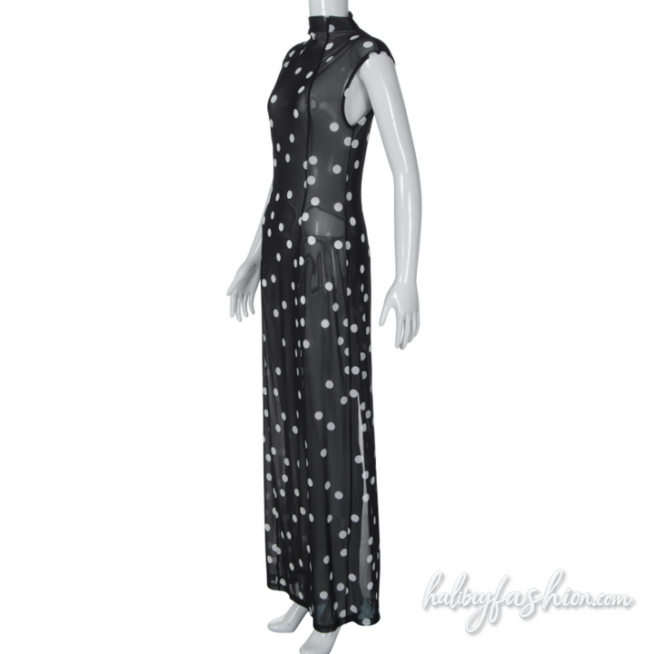 Polka dot slit sheer mesh crewneck mini dress - Halibuy - 3