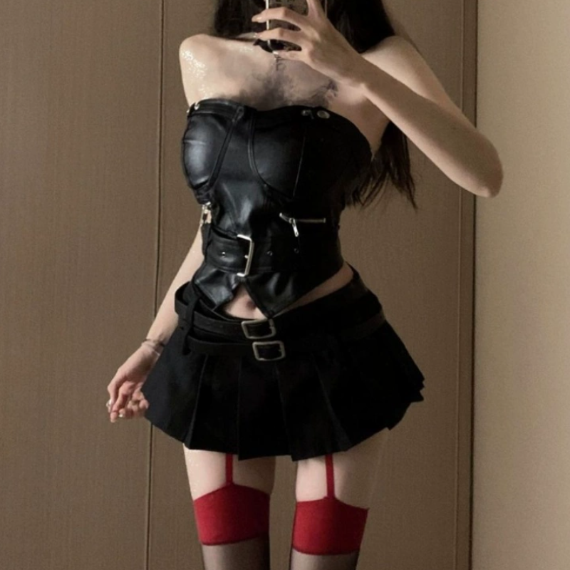 Zip-up PU leather pleated A line tube mini skirt set Cargo Mini Skirt  | Festival Outfits Women-final-sale