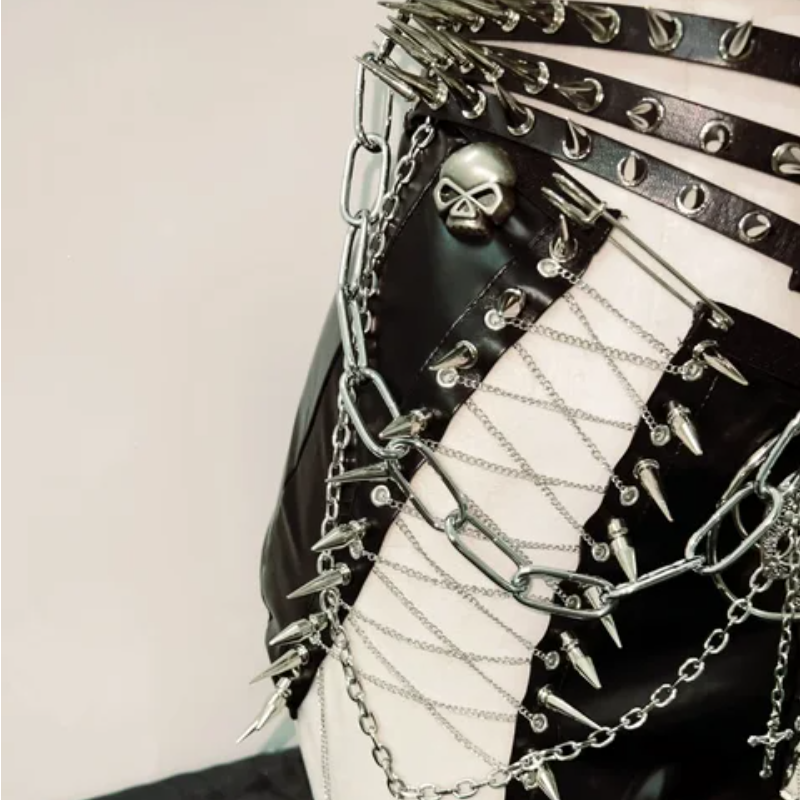 PU leather metal chain skull applique belt top  | Festival Outfits Women