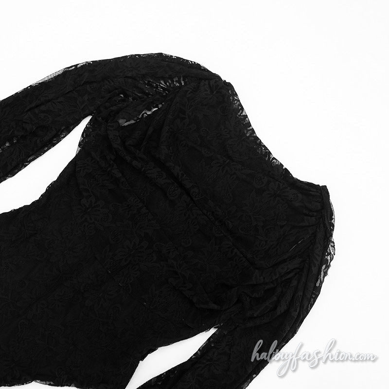 Lace crewneck button solid backless bodysuit