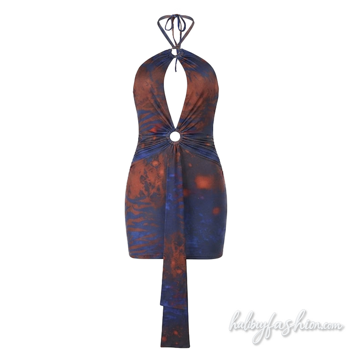Ruched hollow out print self tie halter mini dress