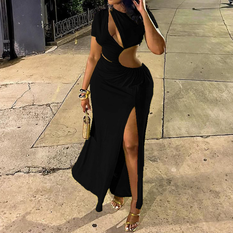 Crewneck hollow out slit long sleeve cut out maxi dress  | Festival Outfits Women