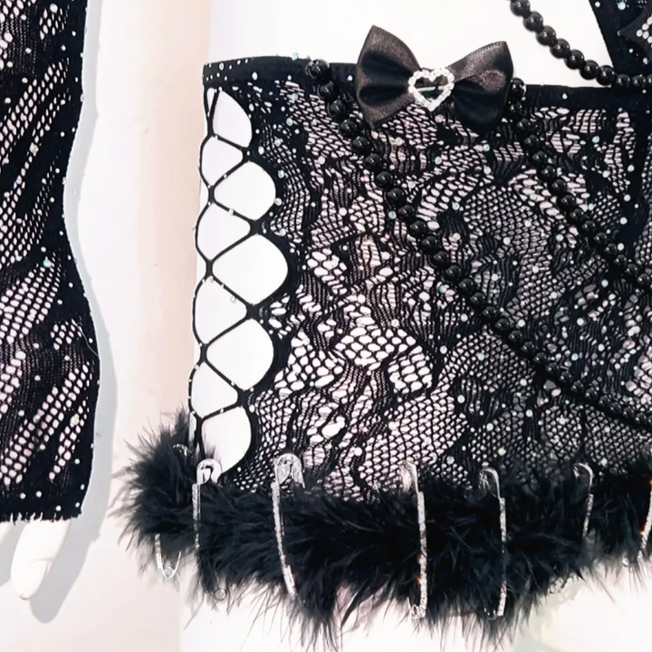 Beaded bowknot long sleeve off shoulder self tie mini skirt set