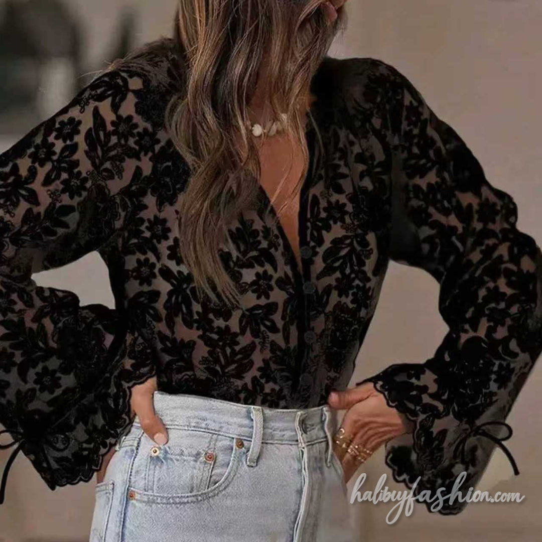 Long sleeve lace self tie button v neck top - Halibuy - 3