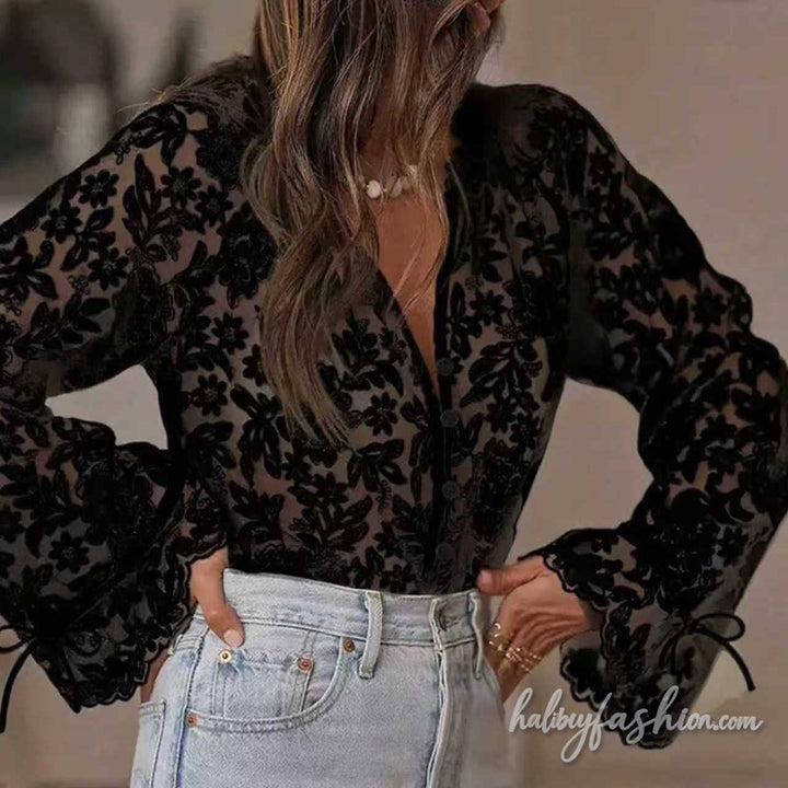 Long sleeve lace self tie button v neck top - Halibuy - 3