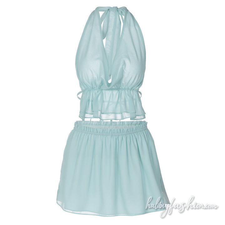Halter self tie ruched chiffon cowl neck mini skirt set - Halibuy