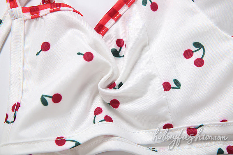 V neck plaid cherry print self tie cami top