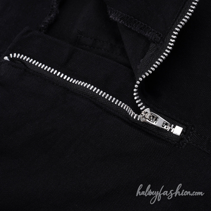 Zip-up buckle irregular low rise wide leg pant