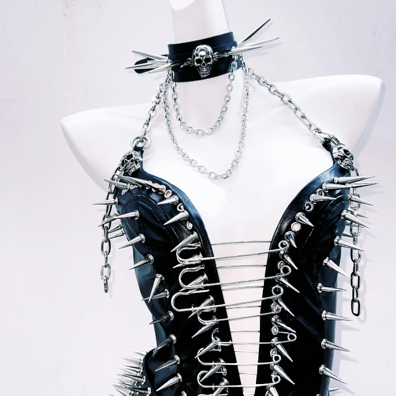 Halter rivet PU leather belt mini dress  | Festival Outfits Women