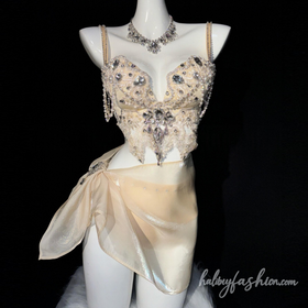 V neck beaded backless cami mini skrit set