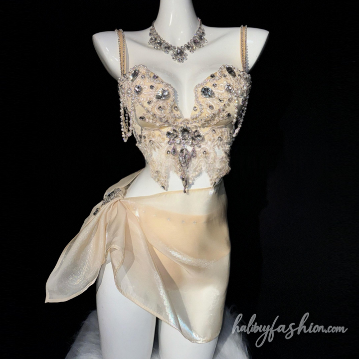 V neck beaded backless cami mini skrit set