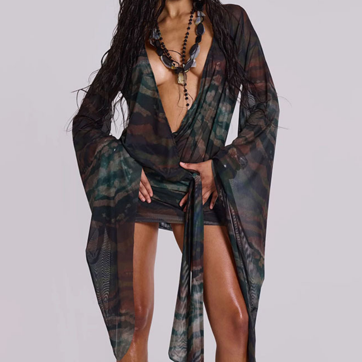 Long sleeve deep v neck mesh print mini dress  | Festival Outfits Women-final-sale