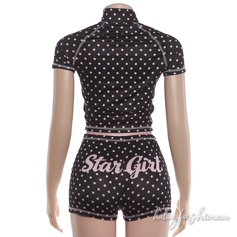 Short sleeve polka dot zip-up letter pattern stitch pant set