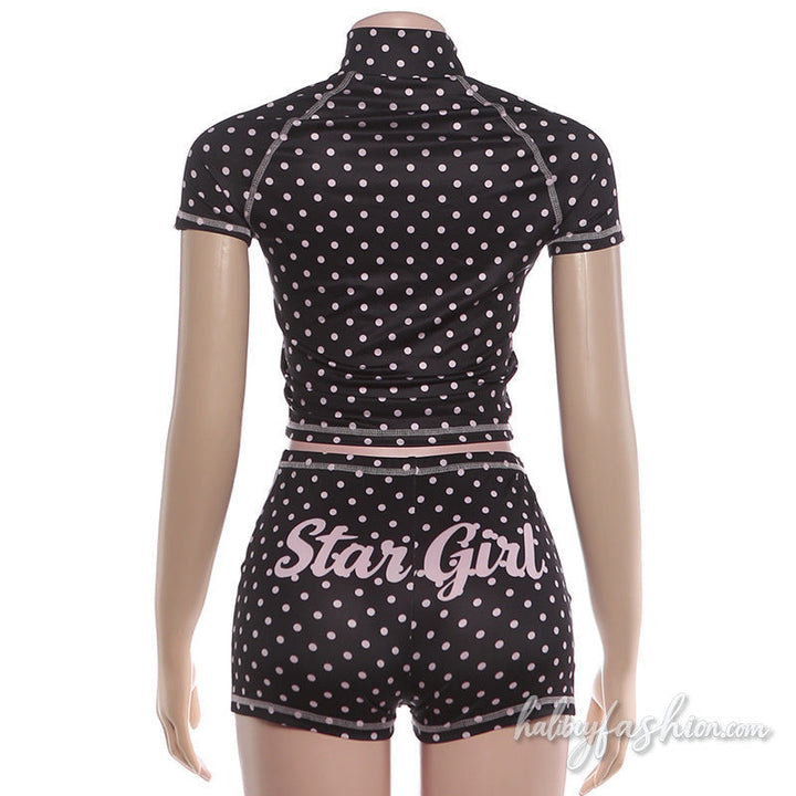 Short sleeve polka dot zip-up letter pattern stitch pant set