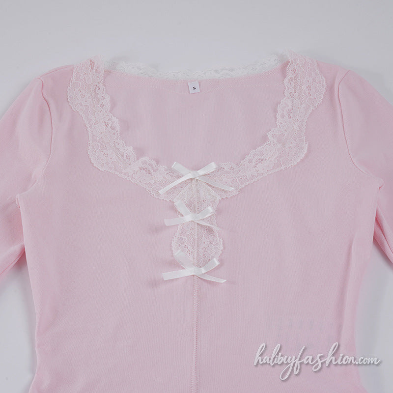 Long sleeve lace hem bowknot v neck mini skirt set