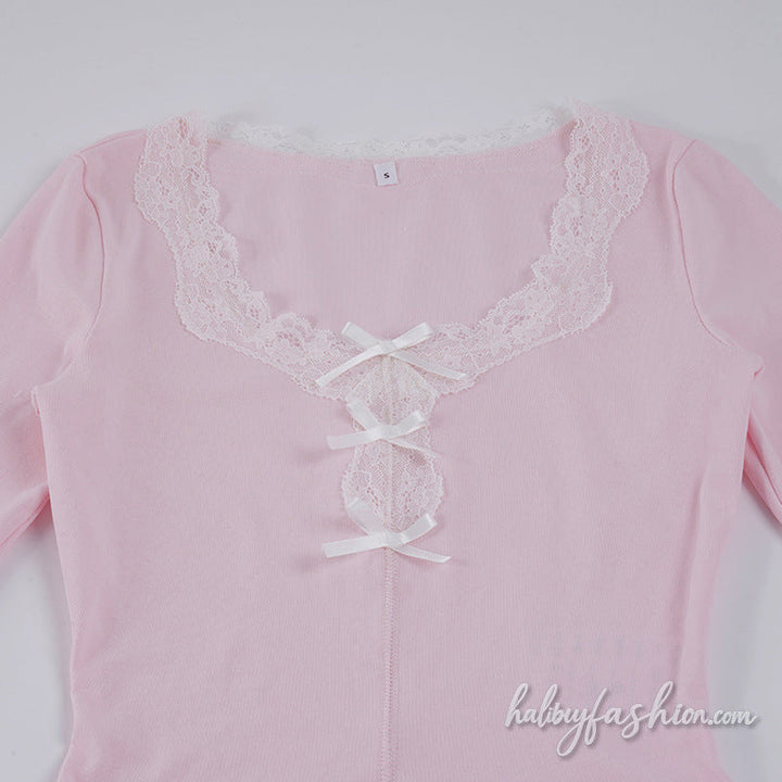 Long sleeve lace hem bowknot v neck mini skirt set