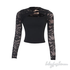 Long sleeve lace hollow out solid top