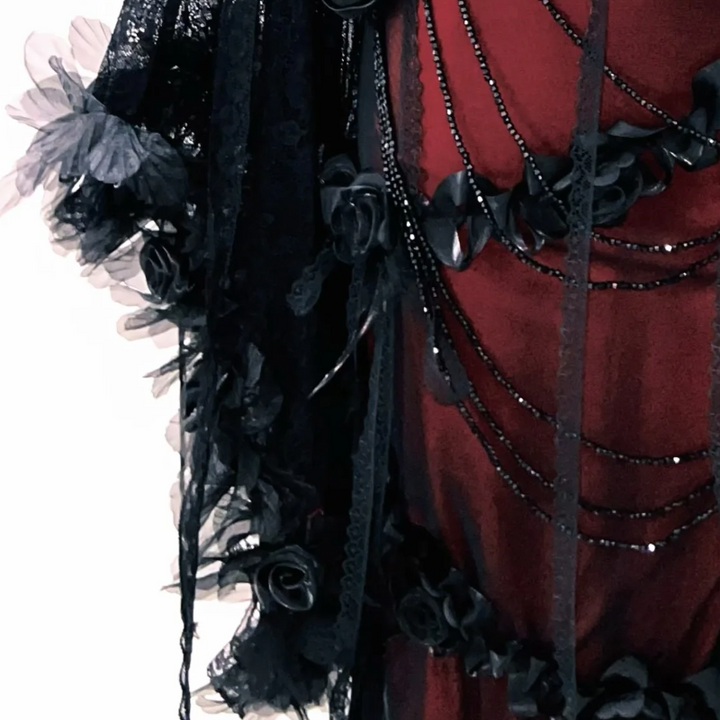 Long flared sleeve lace flower applique beaded maxi dress  | Festival Outfits Women