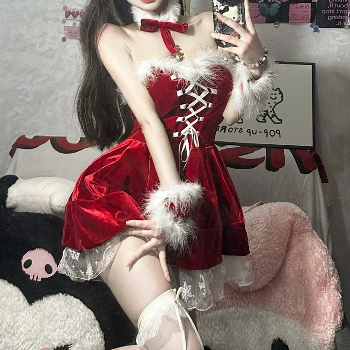 Fluffy lace up velvet backless tube mini dress  | Festival Outfits Women-final-sale