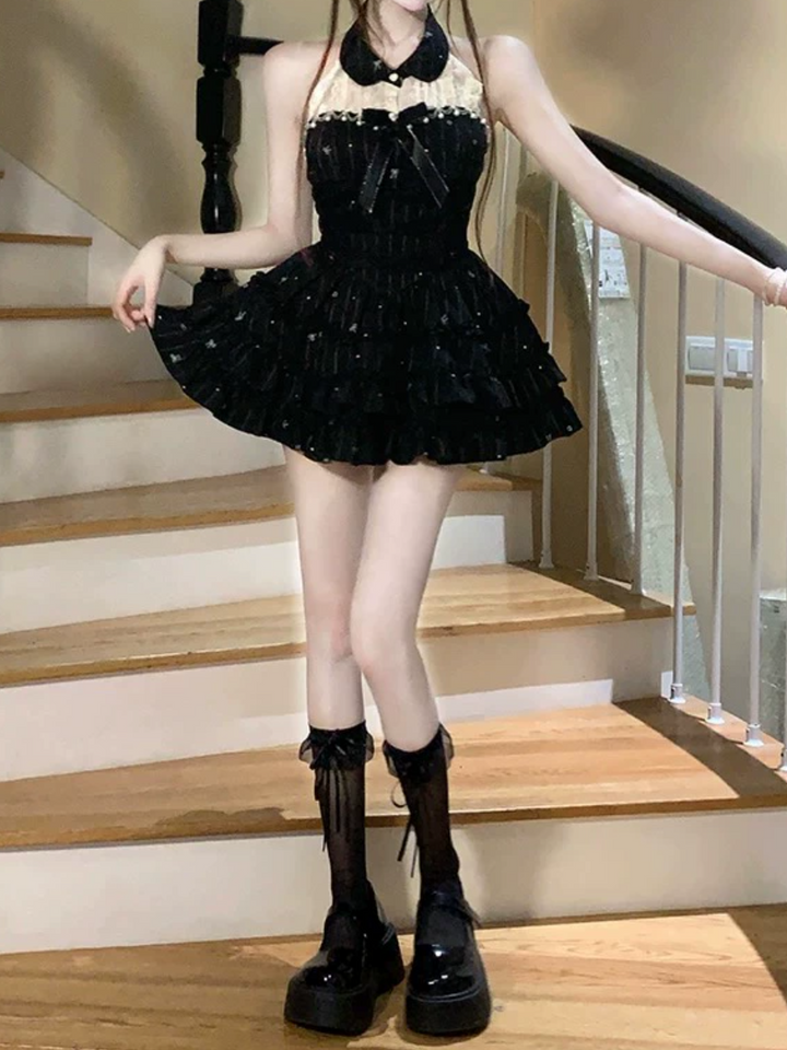 Turnover collar ruffle lace bowknot beaded mini dress  | Festival Outfits Women