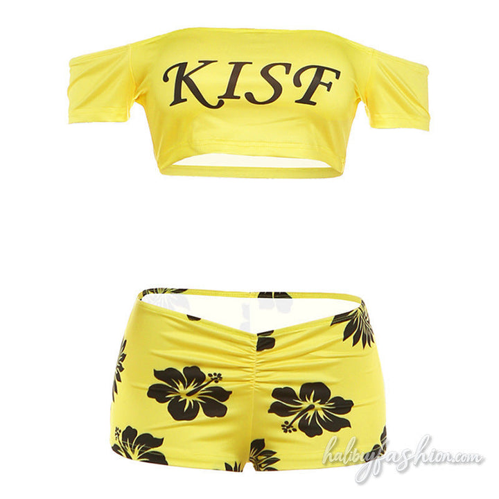 Off shoulder ruched flower print low cut pant set