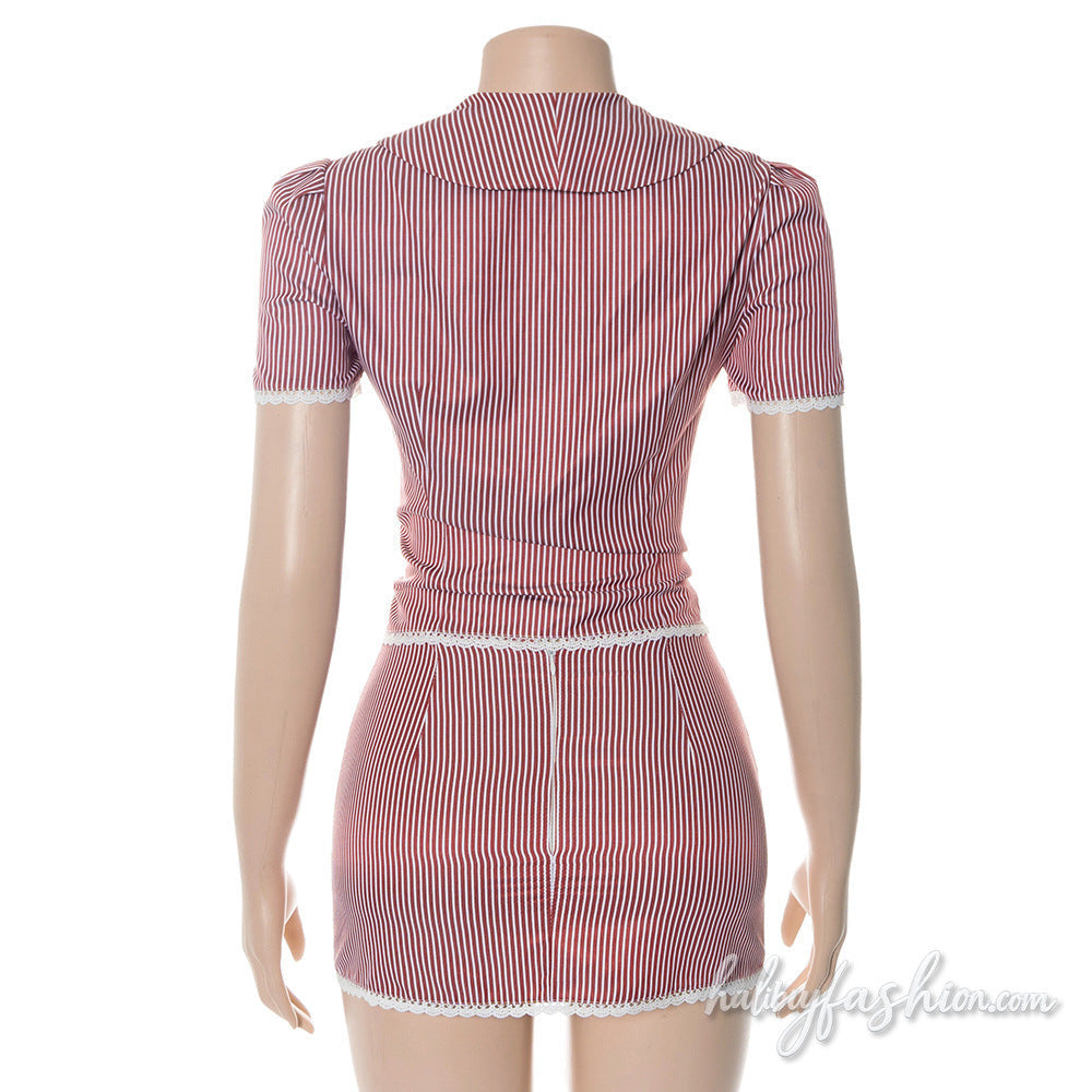 Striped short sleeve lace hem v neck button mini skirt set - Halibuy - 6