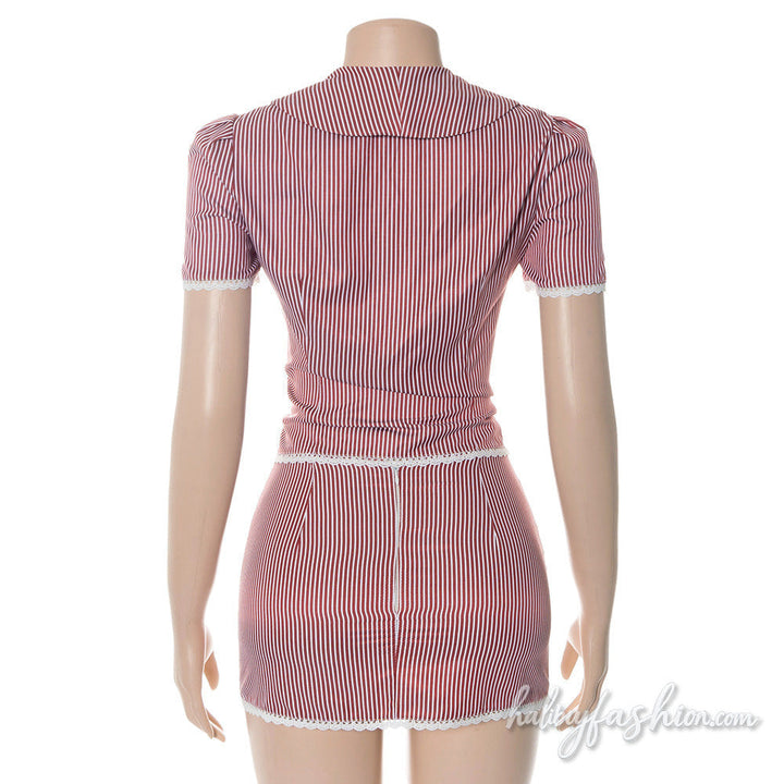 Striped short sleeve lace hem v neck button mini skirt set - Halibuy - 6