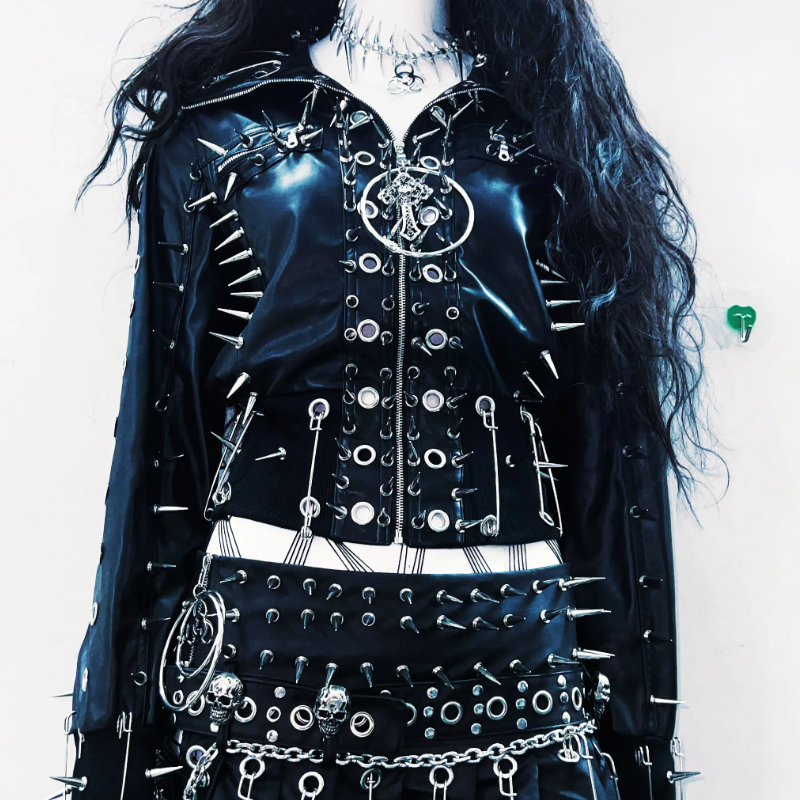 Long sleeve PU leather rivet top  | Festival Outfits Women