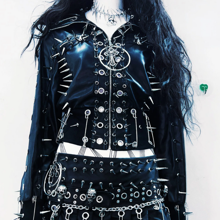 Long sleeve PU leather rivet top  | Festival Outfits Women