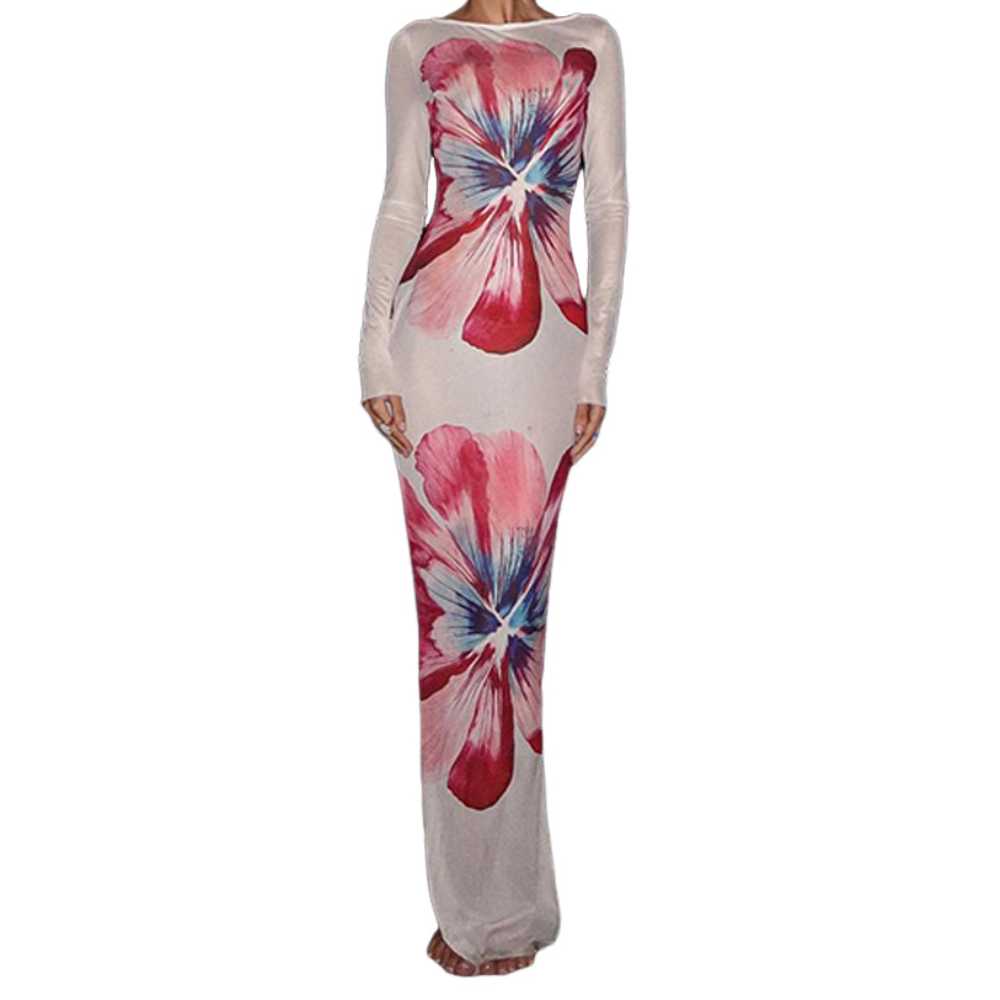 Long sleeve flower print mesh maxi dress  | Festival Outfits Women