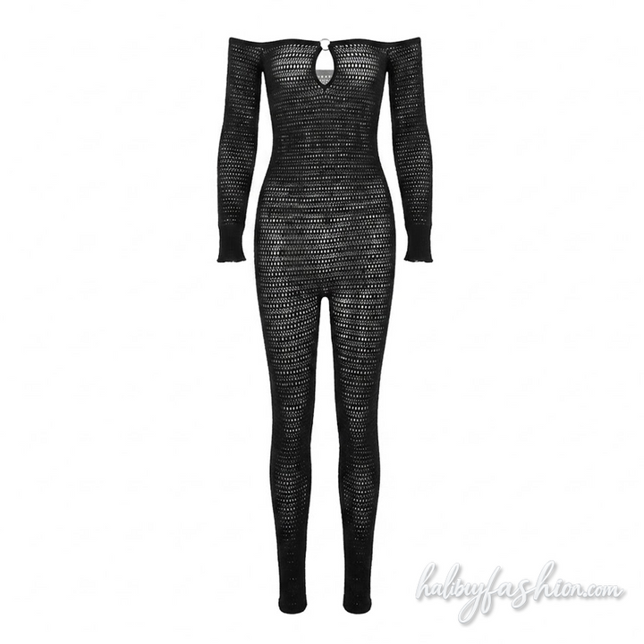 Off shoulder long sleeve hollow out o ring jumpsuit