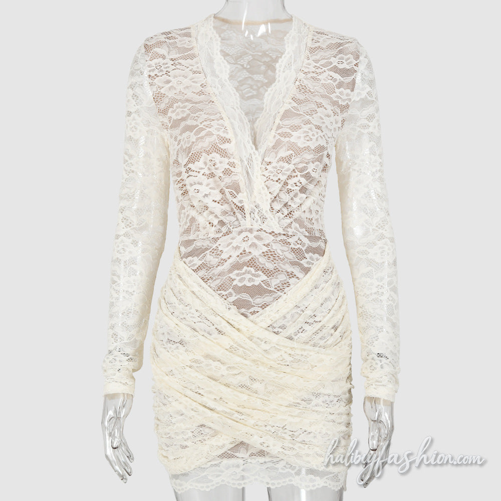 Long sleeve lace ruched v neck mini dress - Halibuy - 2